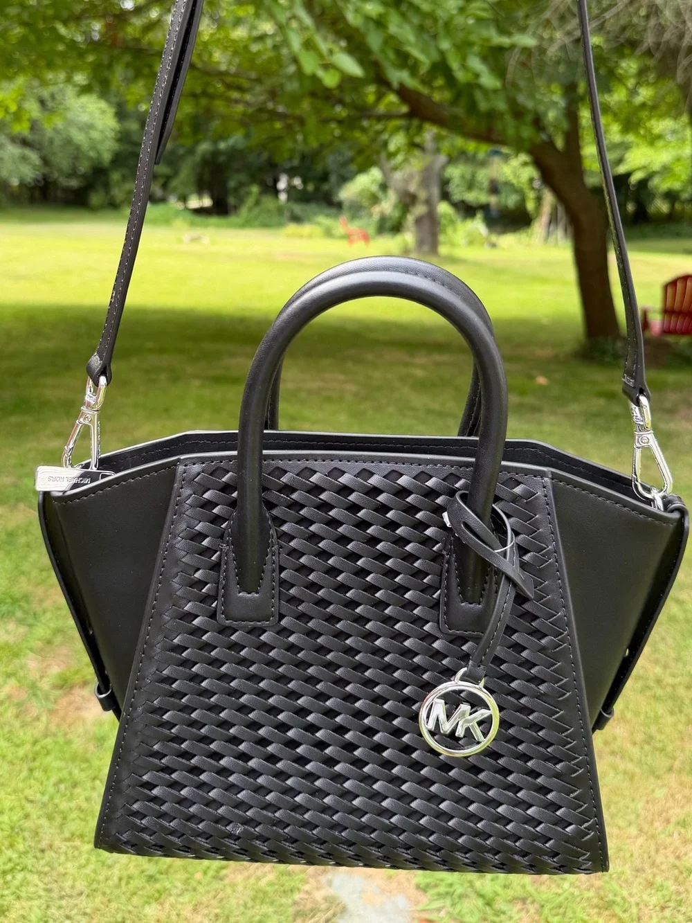 Michael Kors Avril Small Woven Satchel Crossbody Black NWT